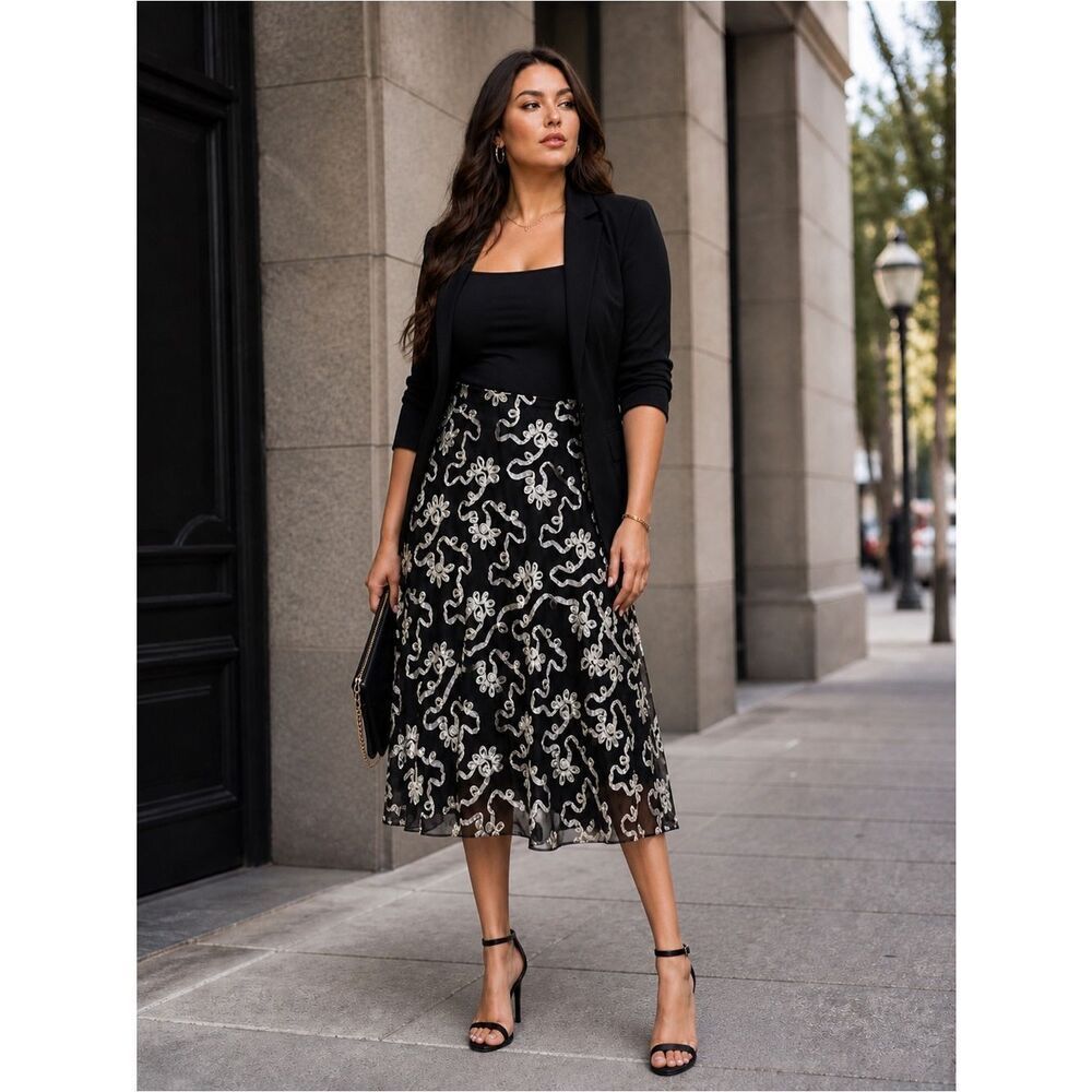 MSK Black Midi Skirt with White Floral Ribbon Embroidery